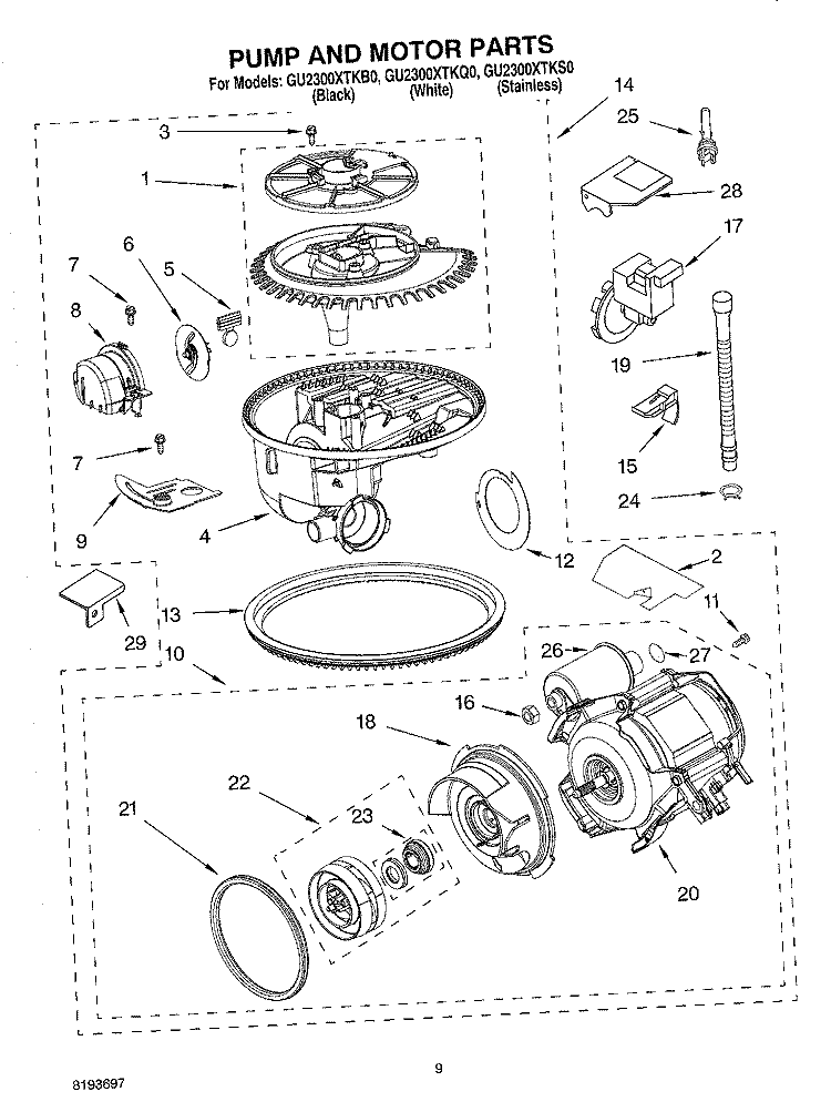 PUMP AND MOTOR Diagram and Parts List for GU2300XTKQ0  Whirlpool Dishwasher
