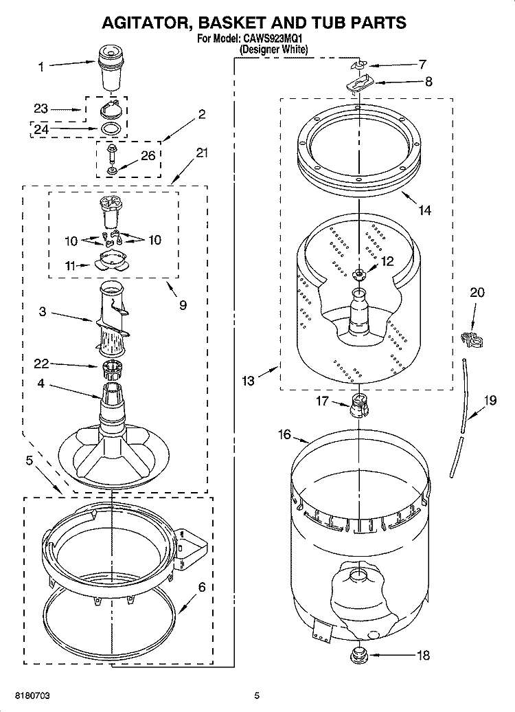 AGITATOR, BASKET AND TUB PARTS Diagram and Parts List for CAWS923MQ1  Crosley Washer