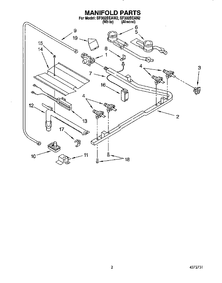 MANIFOLD Diagram and Parts List for SF302BEAW2  Whirlpool Range