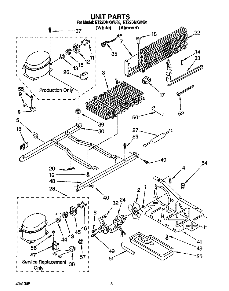 UNIT Diagram and Parts List for ET22DMXAW00  Whirlpool Refrigerator