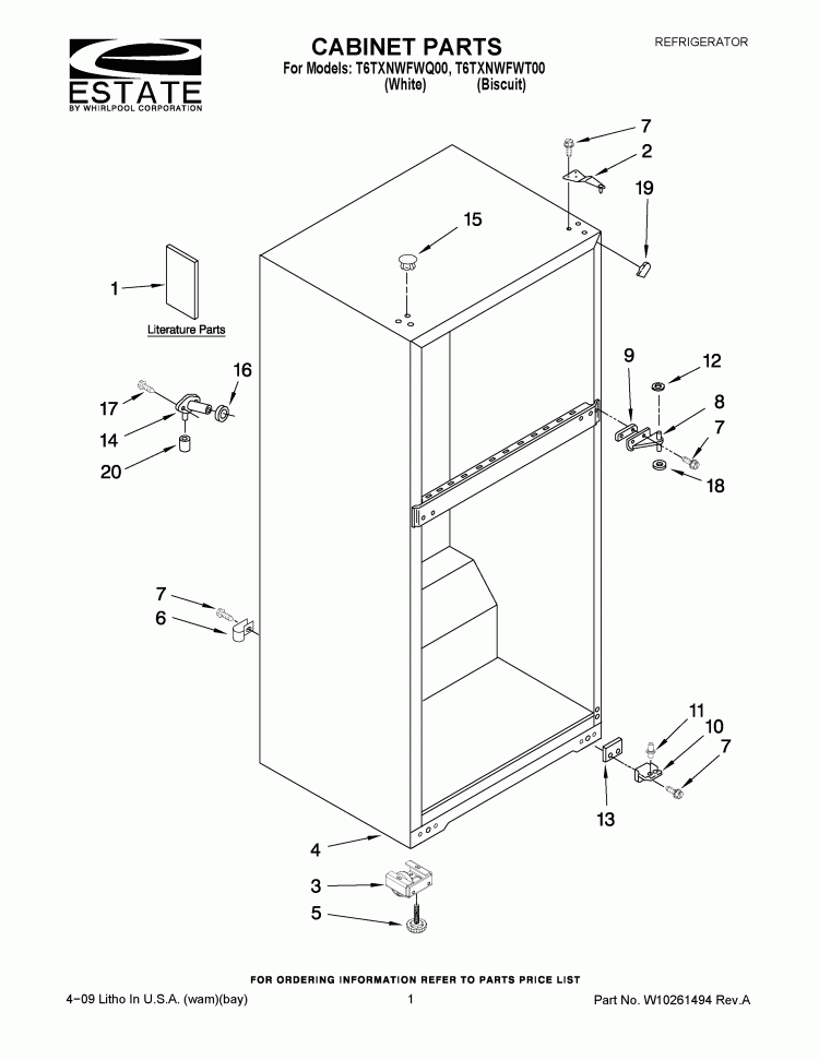 CABINET PARTS Diagram and Parts List for T6TXNWFWT00  Estate Refrigerator