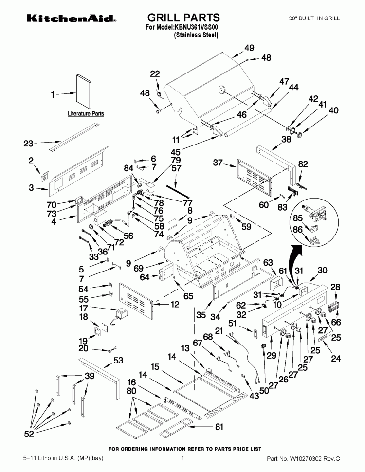 GRILL PARTS Diagram and Parts List for KBNU361VSS00  KitchenAid Grill