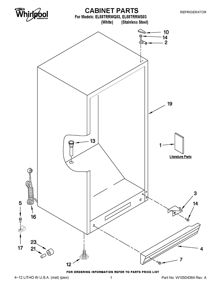 CABINET PARTS Diagram and Parts List for EL88TRRWQ03  Whirlpool Refrigerator