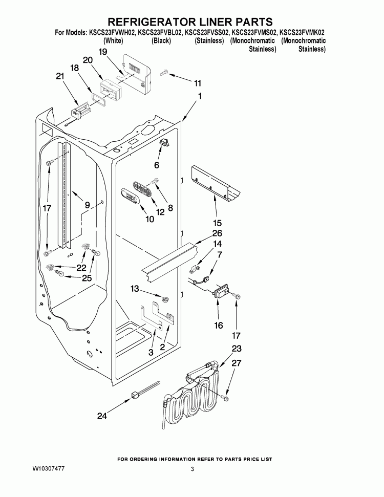REFRIGERATOR LINER PARTS Diagram and Parts List for KSCS23FVMK02  KitchenAid Refrigerator