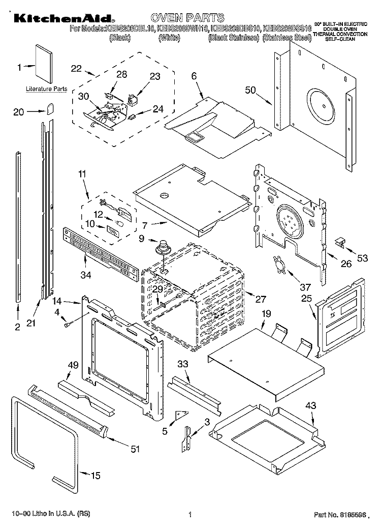 OVEN, LITERATURE Diagram and Parts List for KEBS208DBS10  KitchenAid Wall Oven