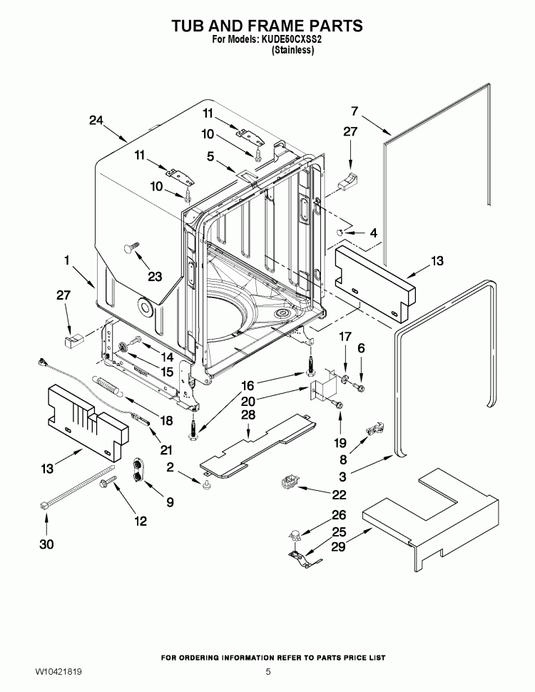 TUB AND FRAME PARTS Diagram and Parts List for KUDE50CXSS2  KitchenAid Dishwasher