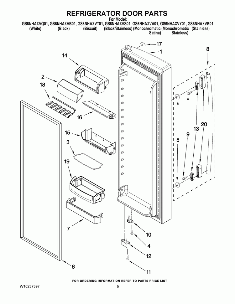 REFRIGERATOR DOOR PARTS Diagram and Parts List for GS6NHAXVK01  Whirlpool Refrigerator