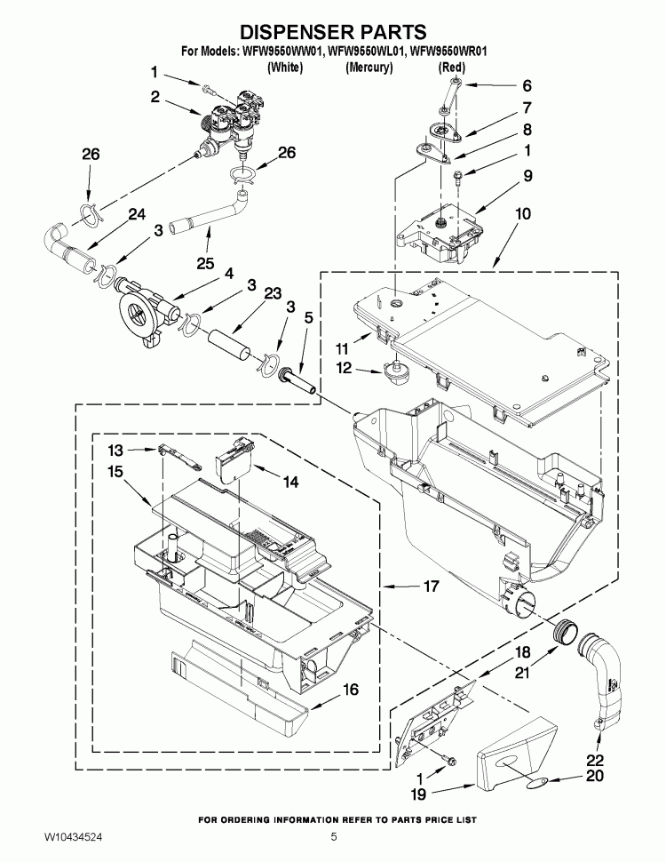DISPENSER PARTS Diagram and Parts List for WFW9550WL01  Whirlpool Washer