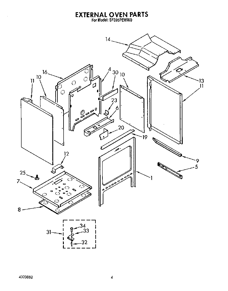 EXTERNAL OVEN Diagram and Parts List for SF395PEWW0  Whirlpool Range