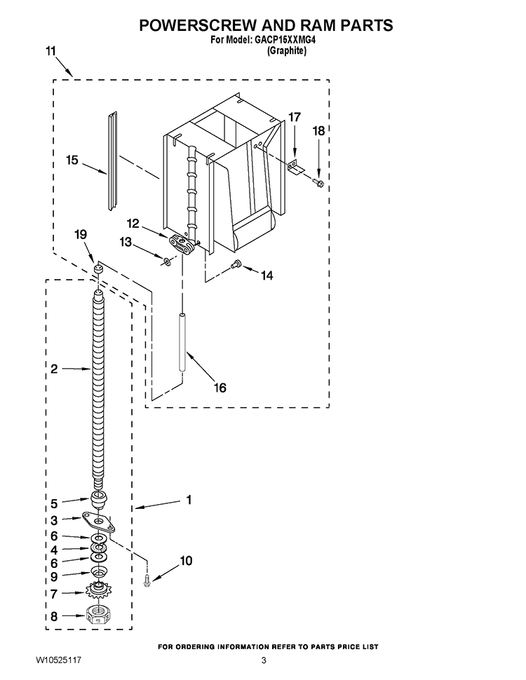 POWERSCREW AND RAM PARTS Diagram and Parts List for GACP15XXMG4  Whirlpool Trash Compactor