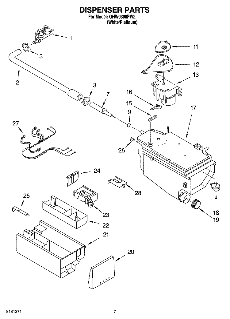 DISPENSER PARTS Diagram and Parts List for GHW9300PW2  Whirlpool Washer