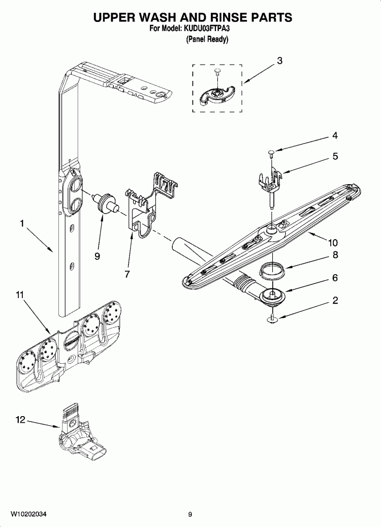 UPPER WASH AND RINSE PARTS Diagram and Parts List for KUDU03FTPA3  KitchenAid Dishwasher