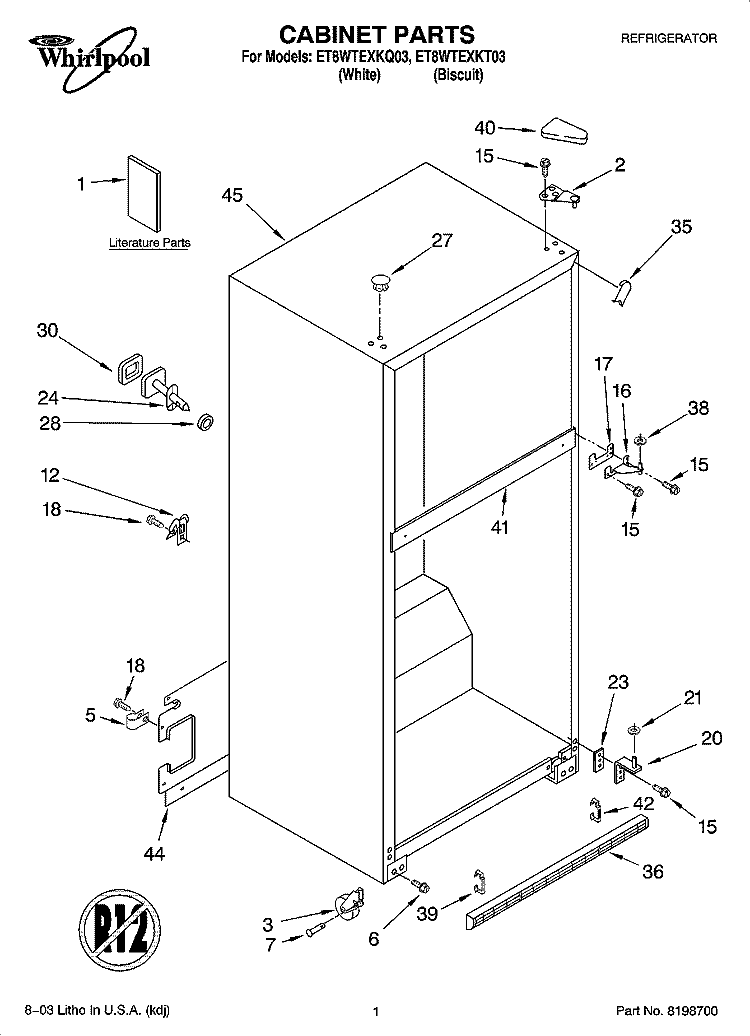 CABINET PARTS Diagram and Parts List for ET8WTEXKT03  Whirlpool Refrigerator