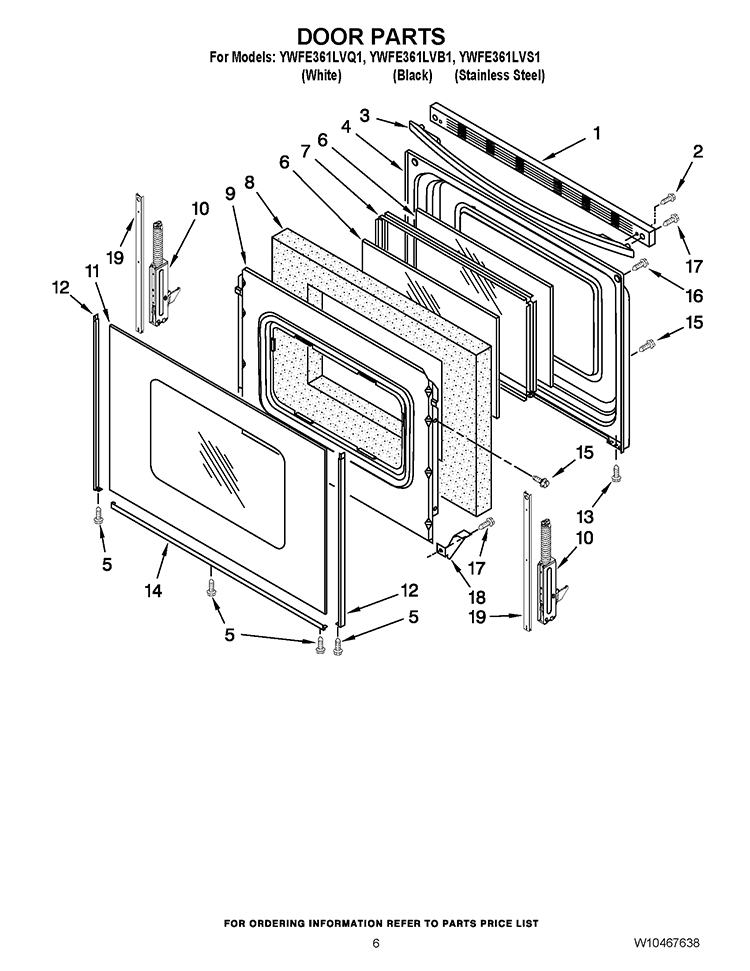 DOOR PARTS Diagram and Parts List for YWFE361LVB1  Whirlpool Range