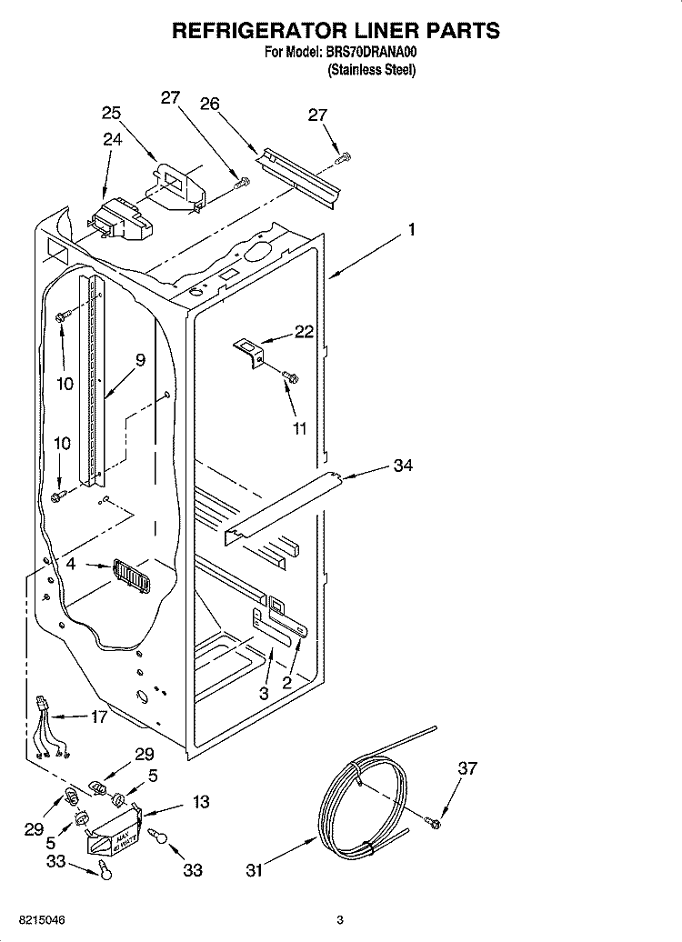 REFRIGERATOR LINER PARTS Diagram and Parts List for BRS70DRANA00  Whirlpool Refrigerator