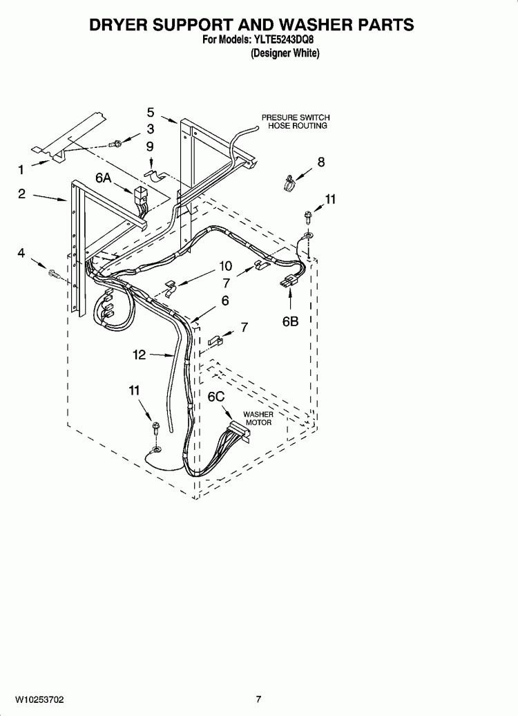 DRYER SUPPORT AND WASHER PARTS Diagram and Parts List for YLTE5243DQ8  Whirlpool Washer Dryer Combo