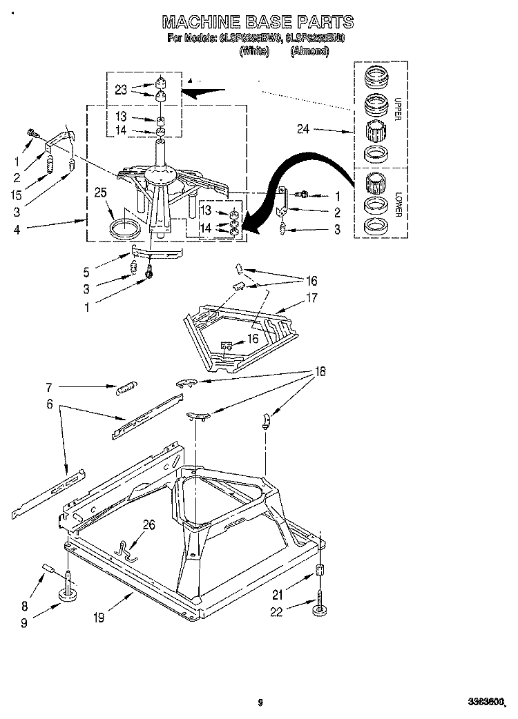 MACHINE BASE Diagram and Parts List for 6LSP8255BW0  Whirlpool Washer