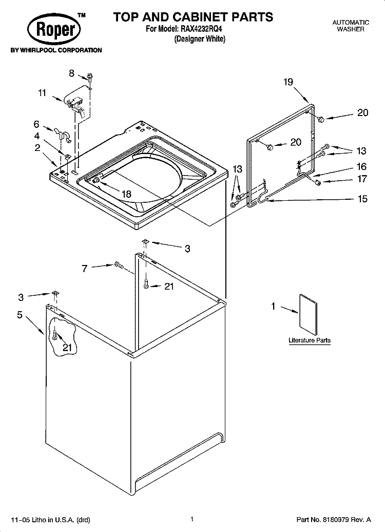 TOP AND CABINET PARTS Diagram and Parts List for RAX4232RQ4  Roper Washer