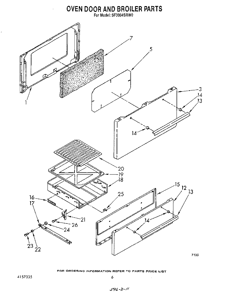 OVEN DOOR AND BROILER Diagram and Parts List for SF3004SRW0  Whirlpool Range