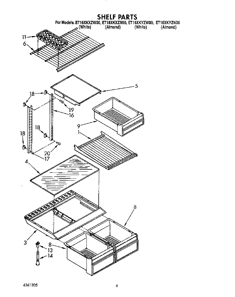 SHELF Diagram and Parts List for ET16XKYZN00  Whirlpool Refrigerator