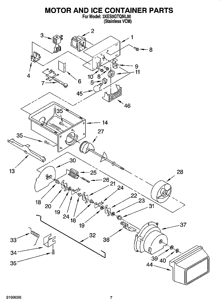 MOTOR AND ICE CONTAINER PARTS Diagram and Parts List for 3XES0GTQNL00  Whirlpool Refrigerator