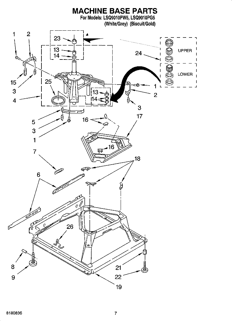 MACHINE BASE PARTS Diagram and Parts List for LSQ9010PW5  Whirlpool Washer