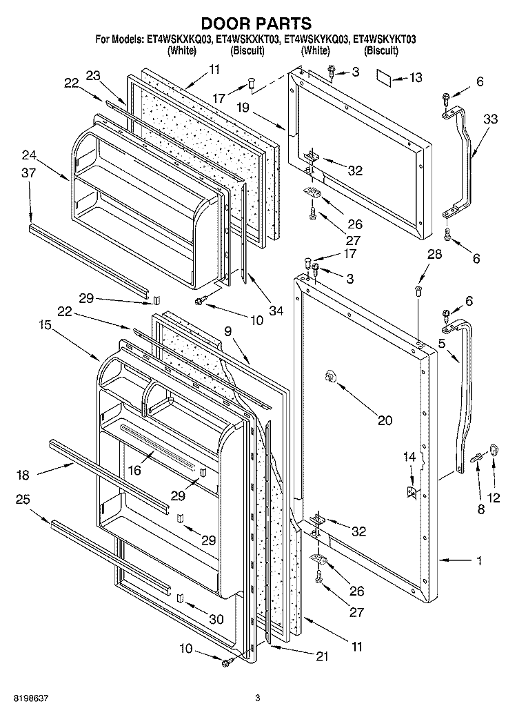 DOOR PARTS Diagram and Parts List for ET4WSKYKQ03  Whirlpool Refrigerator