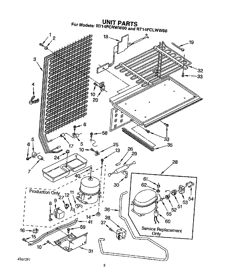 UNIT Diagram and Parts List for RT14FCLWW00  Roper Refrigerator