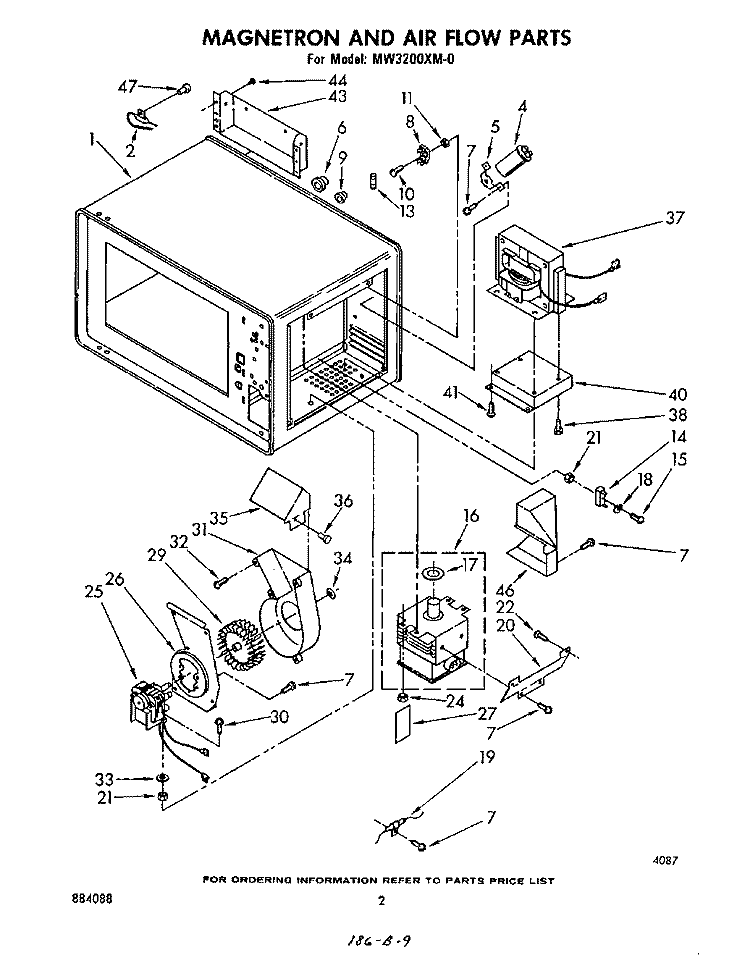 MAGNETRON AND AIR FLOW Diagram and Parts List for MW3200XM0  Whirlpool Microwave