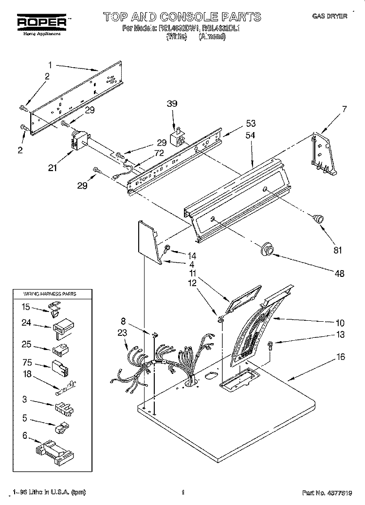 TOP AND CONSOLE, LIT/OPTIONAL Diagram and Parts List for RGL4632DL1  Roper Dryer
