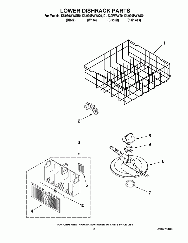 LOWER DISHRACK PARTS Diagram and Parts List for DU930PWWS0  Whirlpool Dishwasher