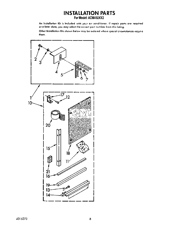 INSTALLATION Diagram and Parts List for ACM492XX2  Whirlpool Air Conditioner