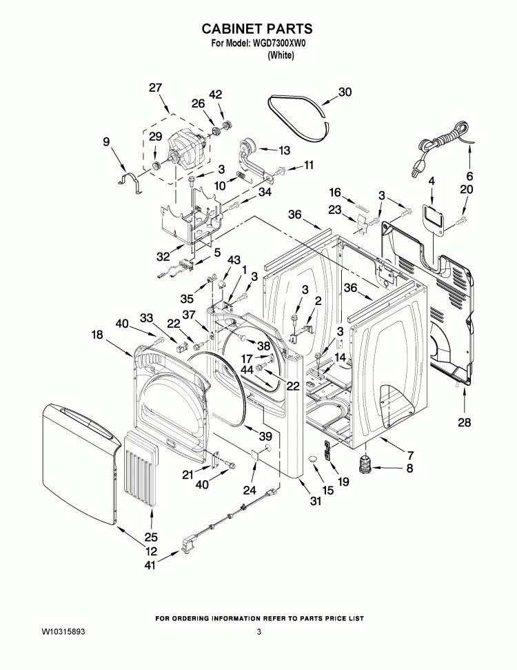 CABINET PARTS Diagram and Parts List for WGD7300XW0  Whirlpool Dryer