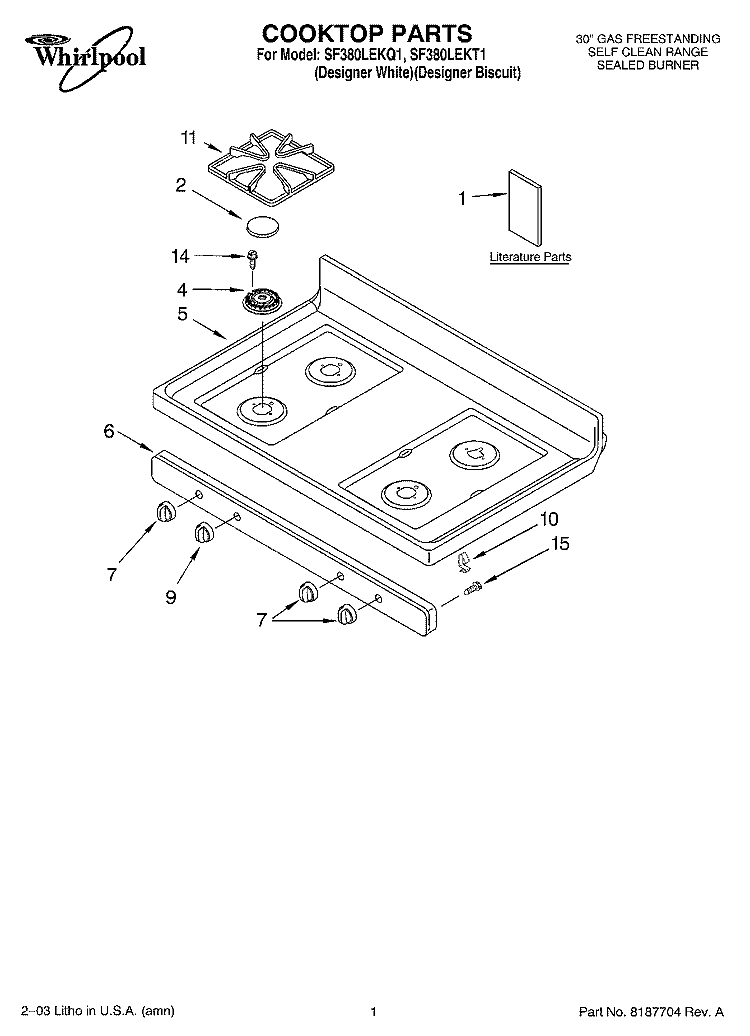 COOKTOP PARTS Diagram and Parts List for SF380LEKQ1  Whirlpool Range