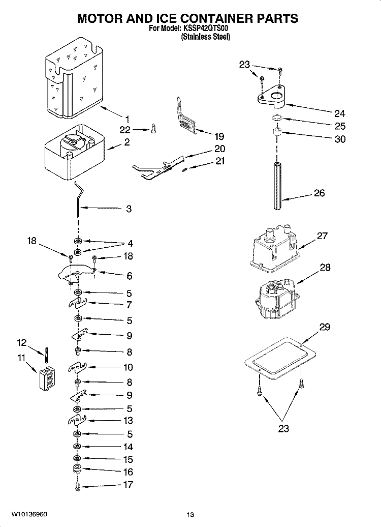 MOTOR AND ICE CONTAINER PARTS Diagram and Parts List for KSSP42QTS00  KitchenAid Refrigerator