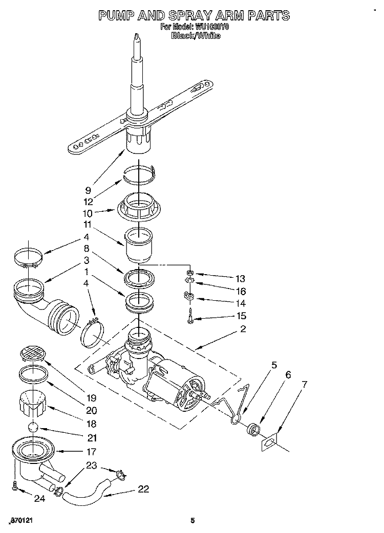 PUMP AND SPRAY ARM Diagram and Parts List for WU1000Y0  Roper Dishwasher