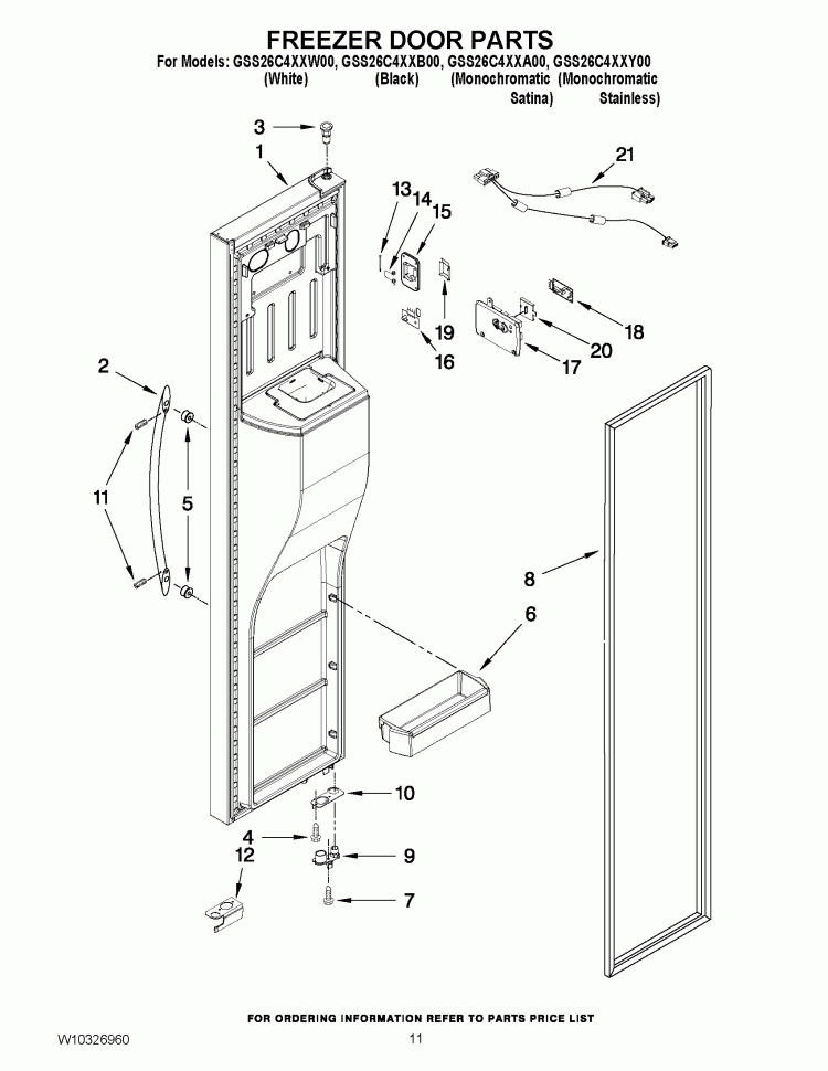 FREEZER DOOR PARTS Diagram and Parts List for GSS26C4XXA00  Whirlpool Refrigerator