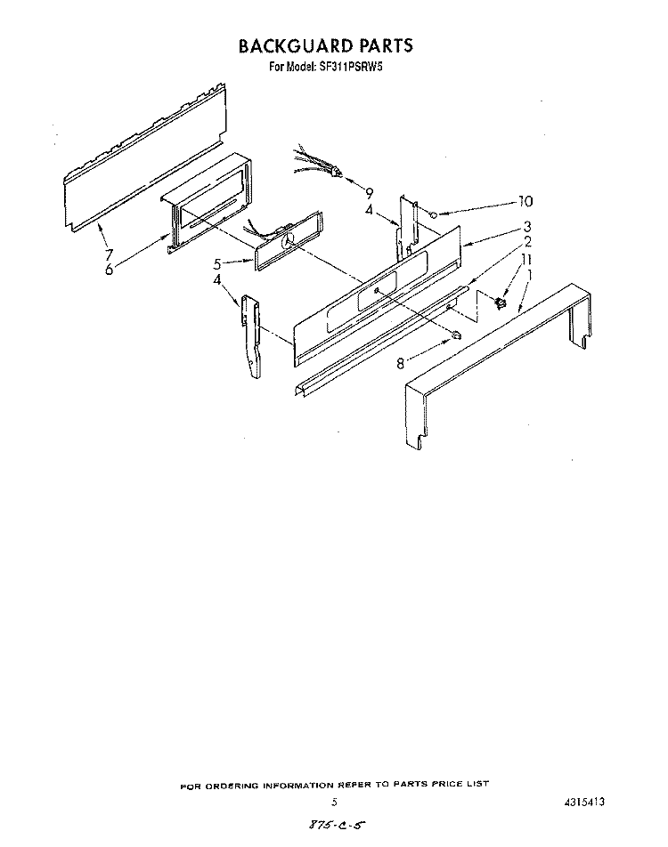 BACKGUARD Diagram and Parts List for SF311PSRW5  Whirlpool Range