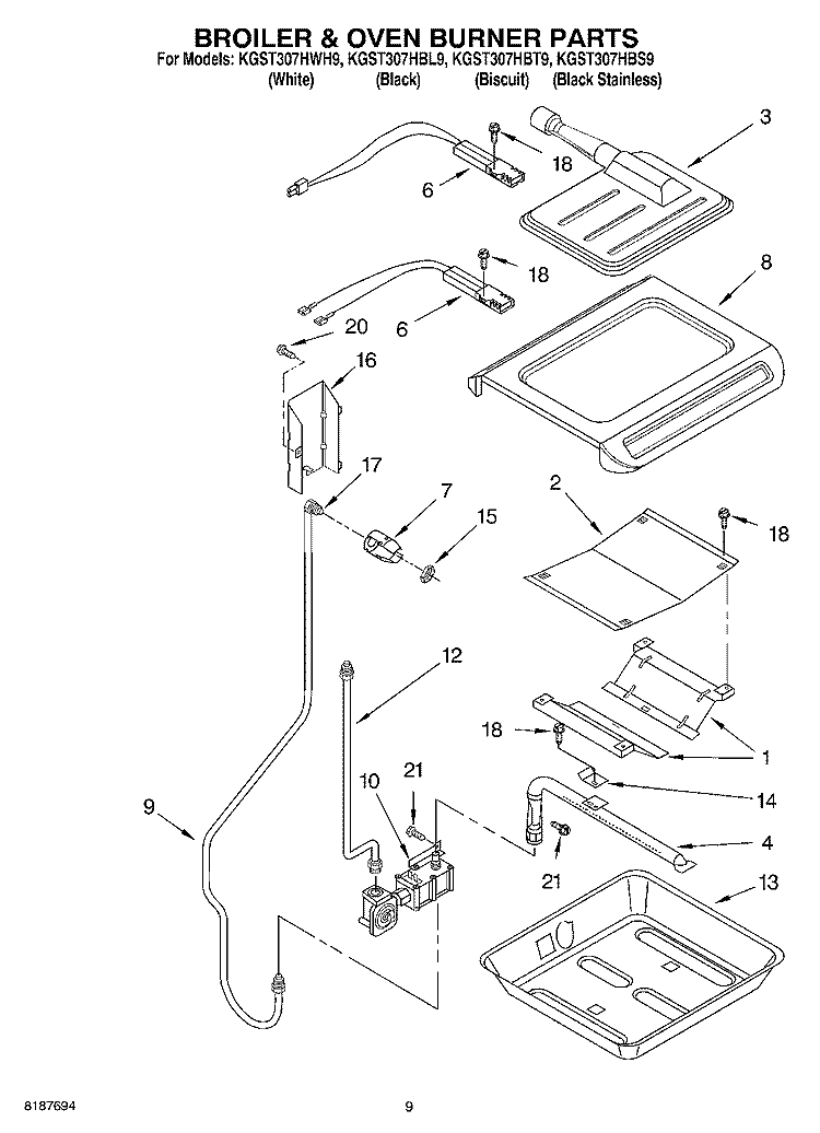 BROILER AND OVEN BURNER Diagram and Parts List for KGST307HBT9  KitchenAid Range