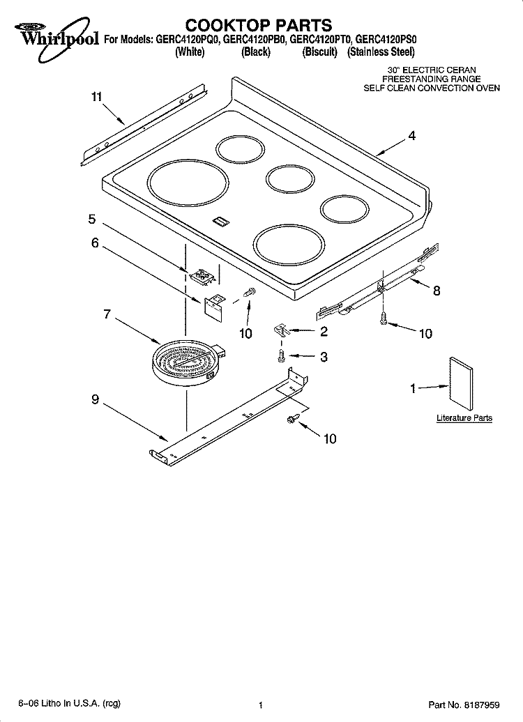 COOKTOP PARTS Diagram and Parts List for GERC4120PT0  Whirlpool Range
