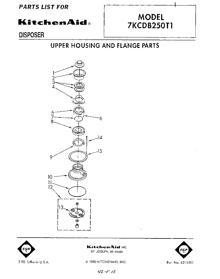 SECTION Diagram and Parts List for 7KCDB250T1  KitchenAid Food Waste Disposer