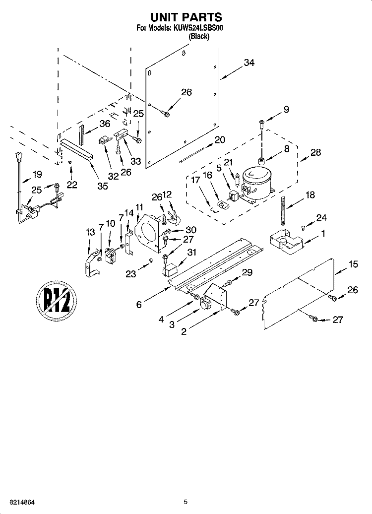 UNIT PARTS Diagram and Parts List for KUWS24LSBS00  KitchenAid Wine and Beverage Cooler