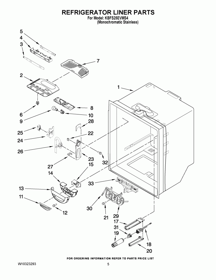 REFRIGERATOR LINER PARTS Diagram and Parts List for KBFS25EVMS4  KitchenAid Refrigerator