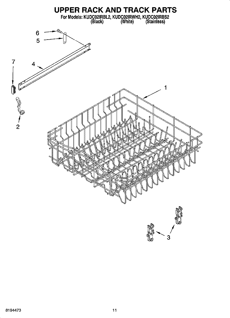 UPPER RACK AND TRACK PARTS Diagram and Parts List for KUDC02IRWH2  KitchenAid Dishwasher