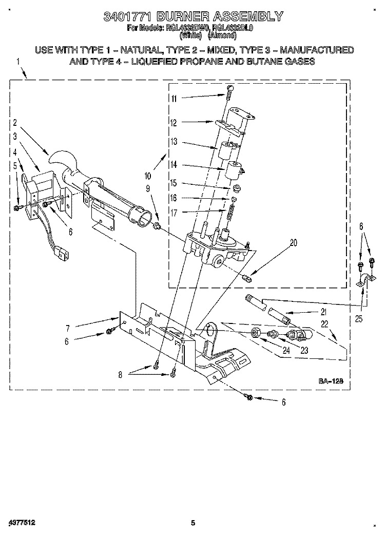3401771 BURNER ASSEMBLY Diagram and Parts List for RGL4632DL0  Roper Dryer