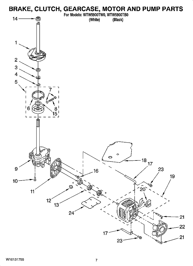 BRAKE, CLUTCH, GEARCASE, MOTOR AND PUMP PARTS Diagram and Parts List for WTW5900TB0  Whirlpool Washer