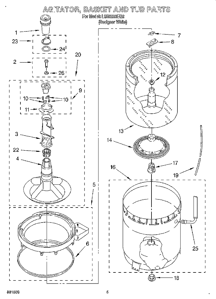 AGITATOR, BASKET AND TUB Diagram and Parts List for LSR5233EQ2  Whirlpool Washer