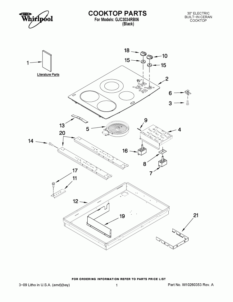 COOKTOP PARTS Diagram and Parts List for GJC3034RB06  Whirlpool Cooktop