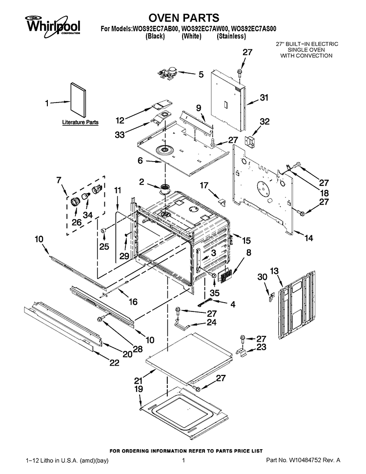 OVEN PARTS Diagram and Parts List for WOS92EC7AS00  Whirlpool Wall Oven