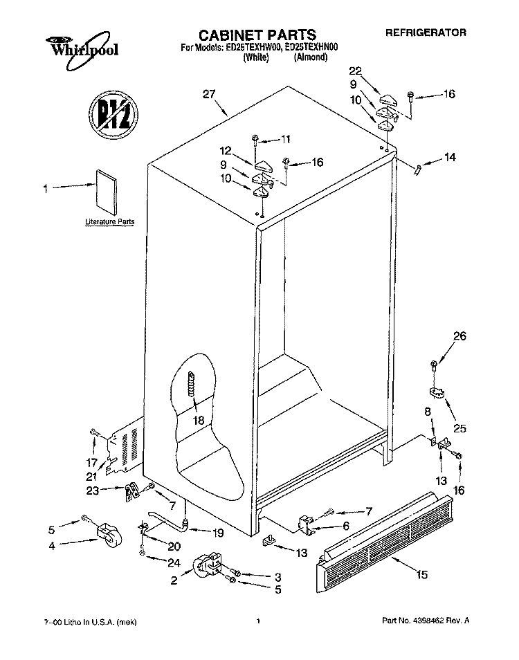 CABINET, LITERATURE Diagram and Parts List for ED25TEXHW00  Whirlpool Refrigerator